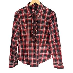 Talbots Plaid Ruffle Button-down Shirt | Red & Black | Size 8